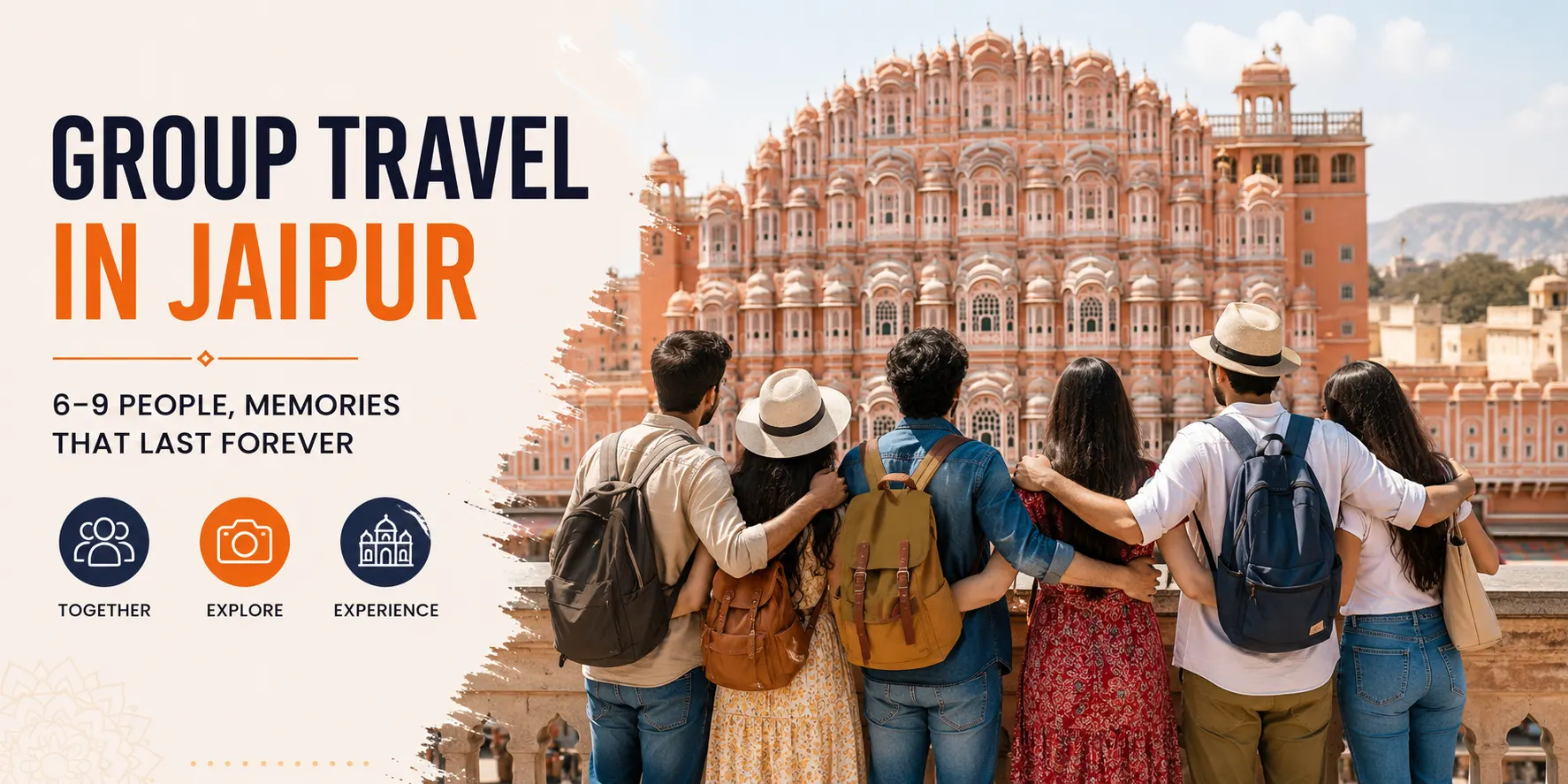 Group of travelers exploring Jaipur with iconic Hawa Mahal during a group sightseeing tour