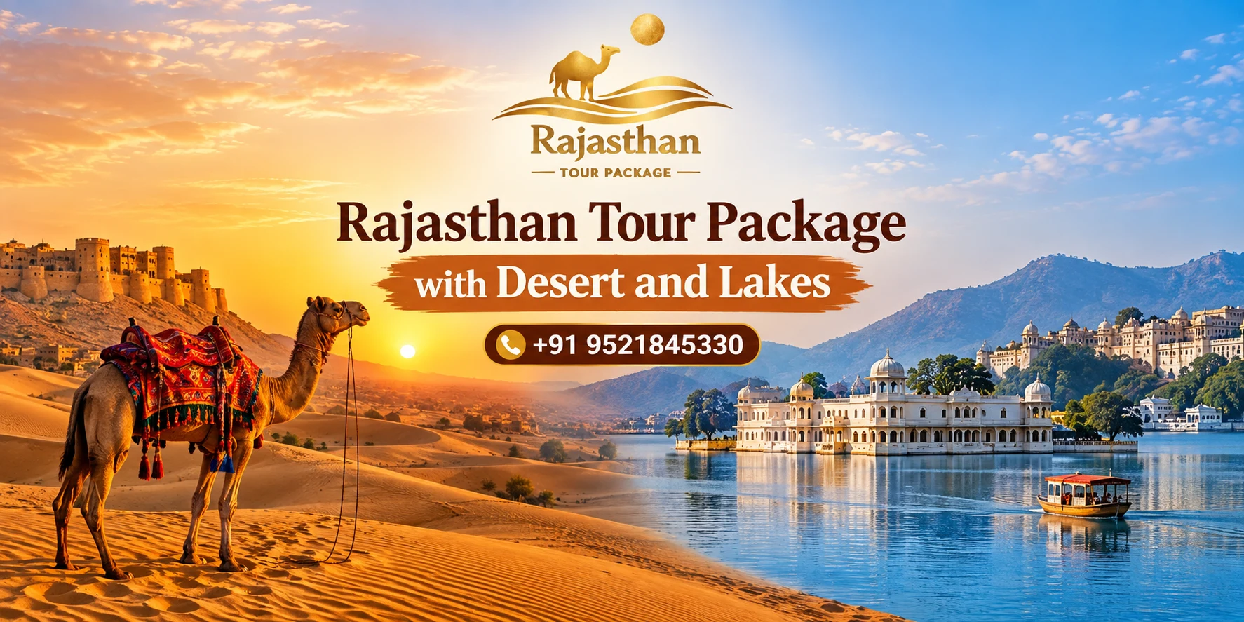 Rajasthan tour package with desert and lakes featuring Jaisalmer desert dunes and Udaipur Lake Pichola