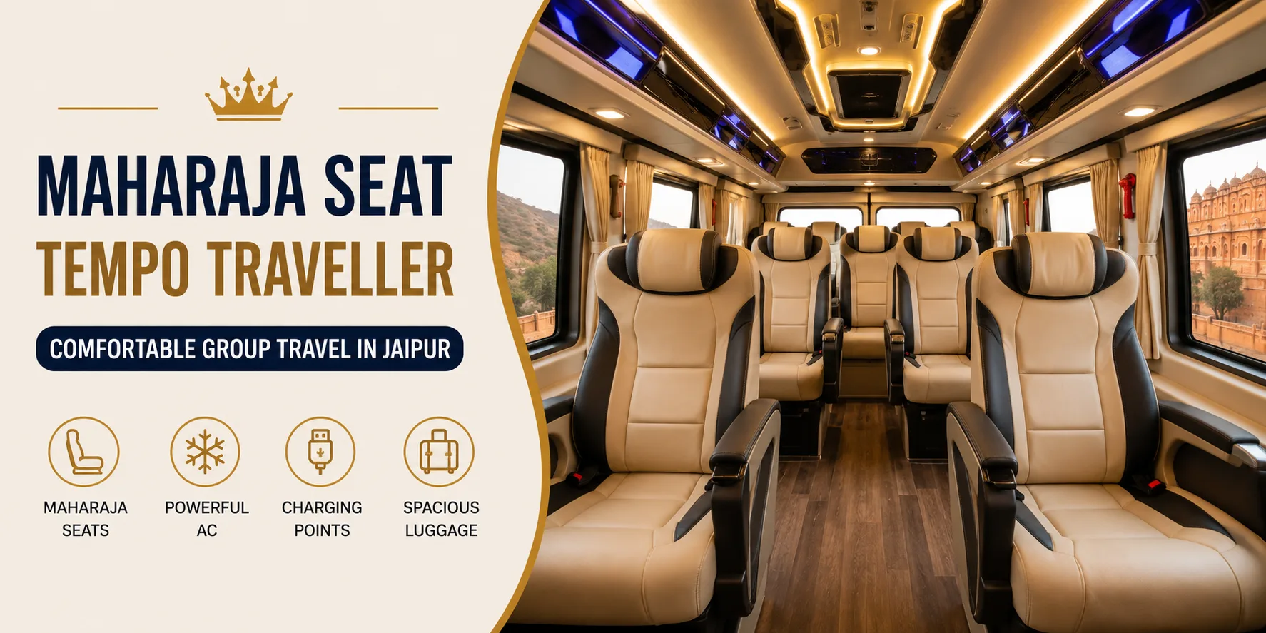 Luxury Maharaja Seat Tempo Traveller in Jaipur with premium captain seats for comfortable group travel across Rajasthan